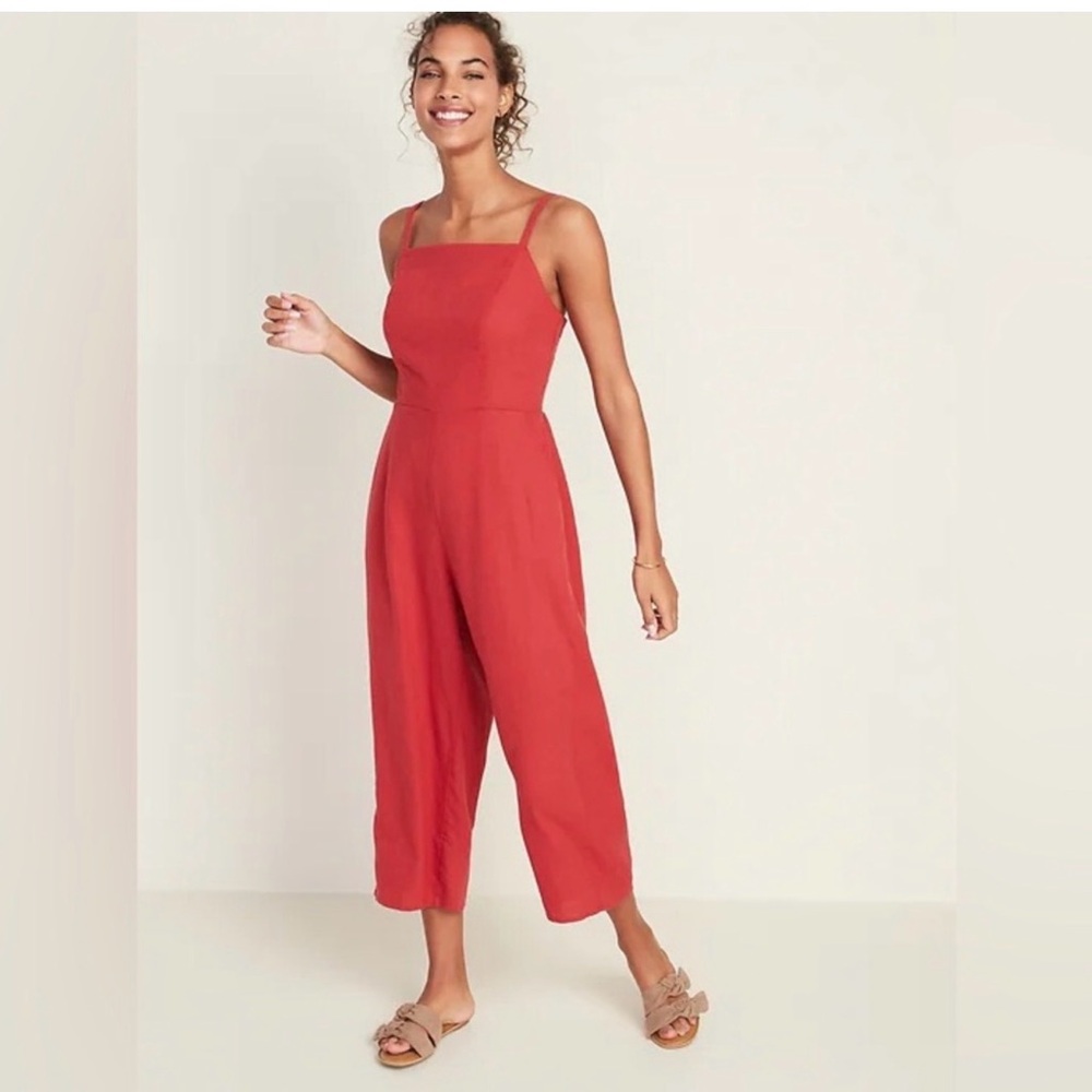Old Navy Cami Linen Blend Jumpsuit Red Tomato Juice Red Size XL with pockets